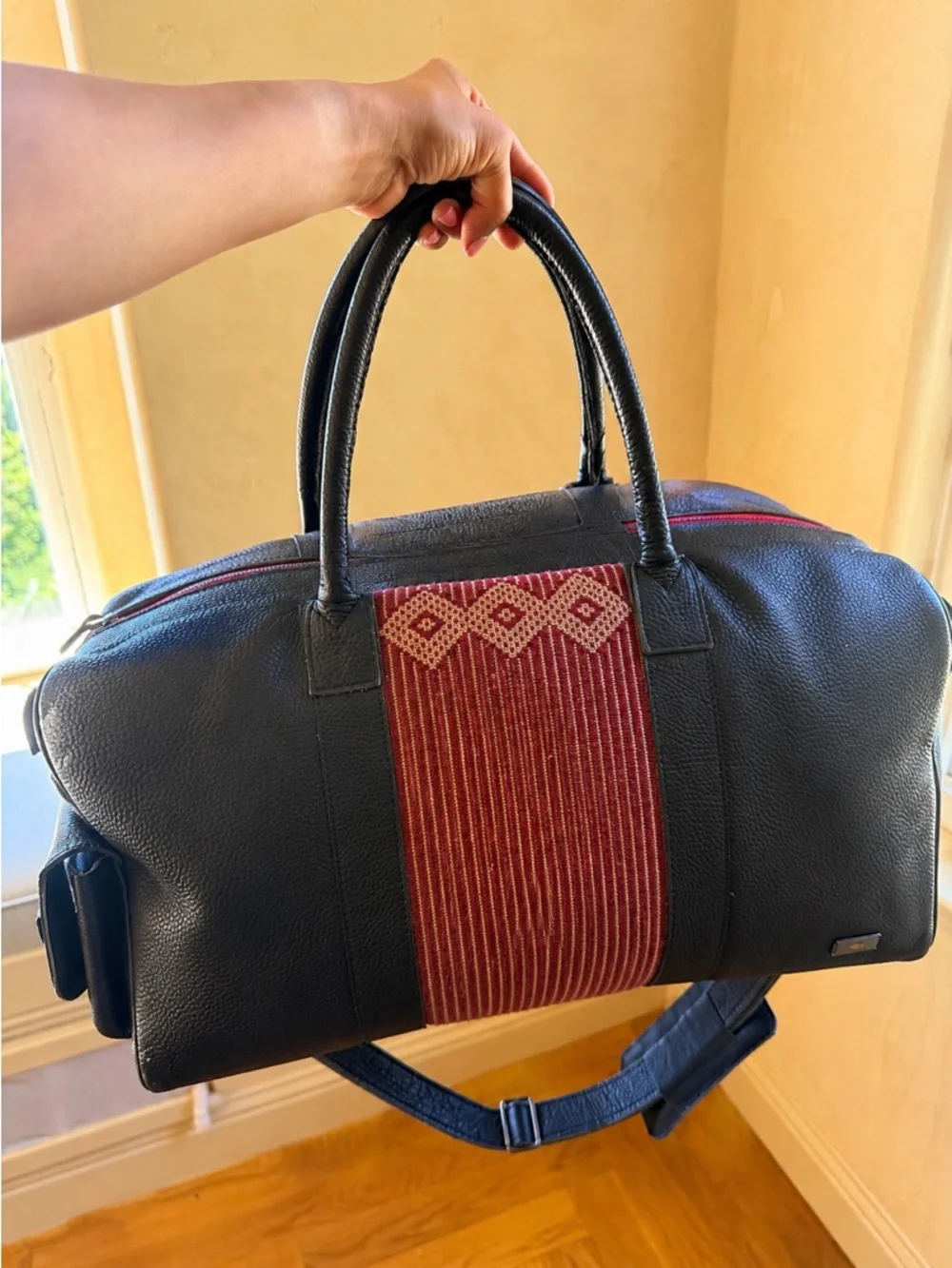 Black Leather Duffel Bag with Red Woven Center Panel